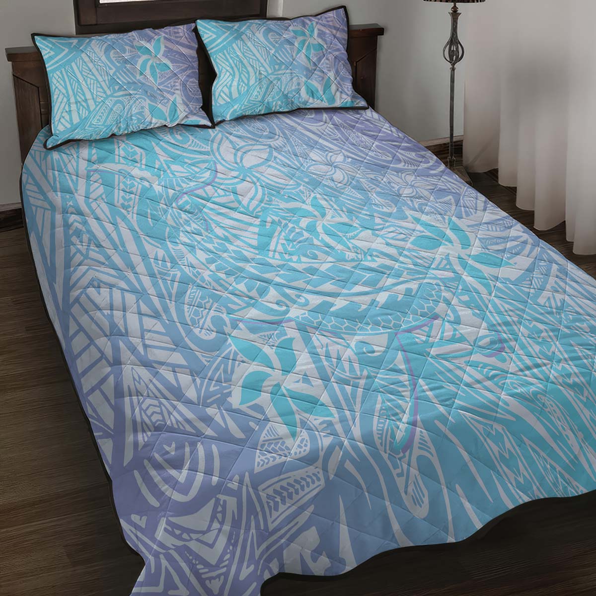 Baby Blue Gradient Polynesia Quilt Bed Set Hawaiian Tribal Hammerhead Shark Tattoo LT14