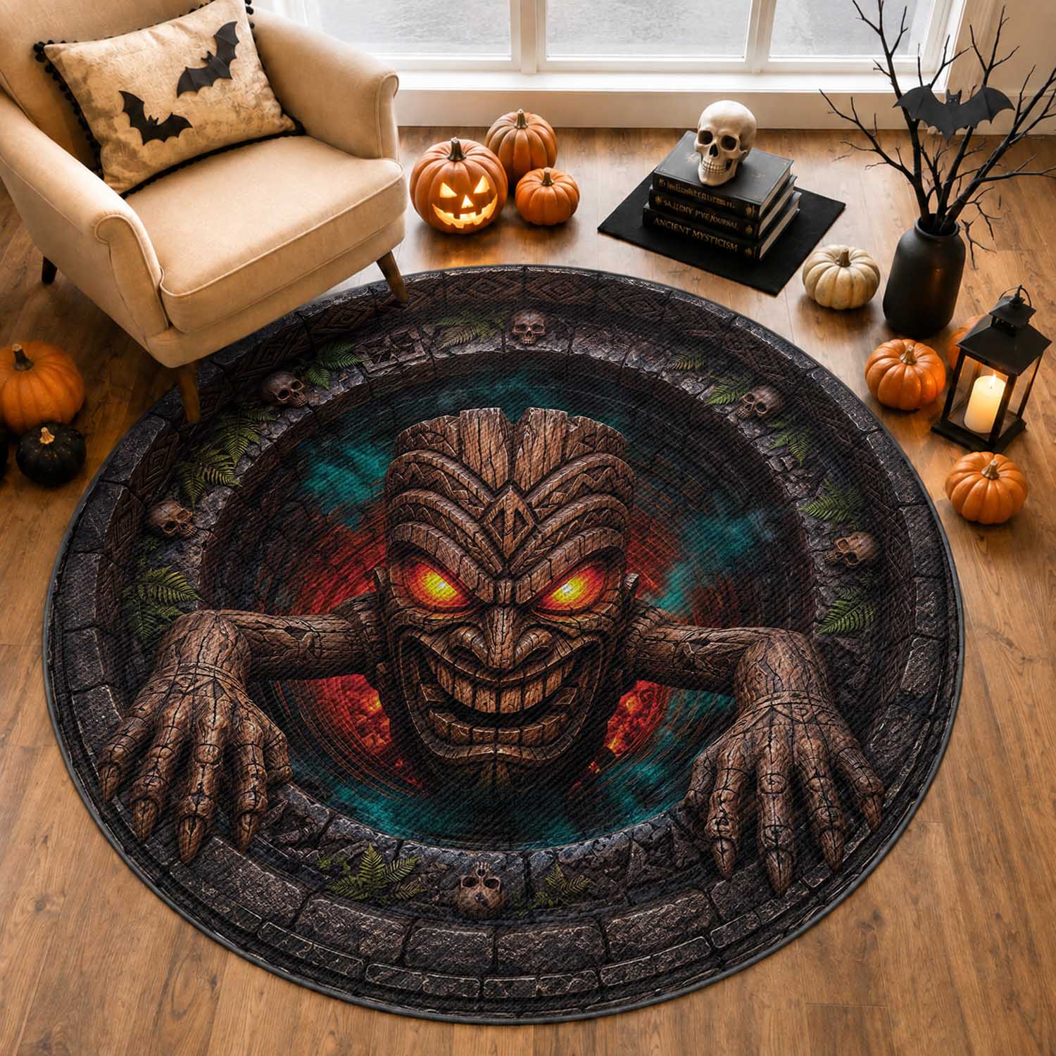 3D Illusion Haunted Tiki Totem Halloween Round Carpet Polynesian Wood Spirit Fiery