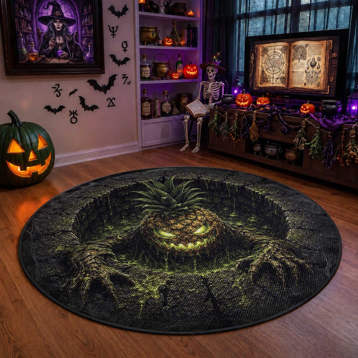 3D Illusion Hawaii Halloween Scary Pineapple Monster Round Carpet