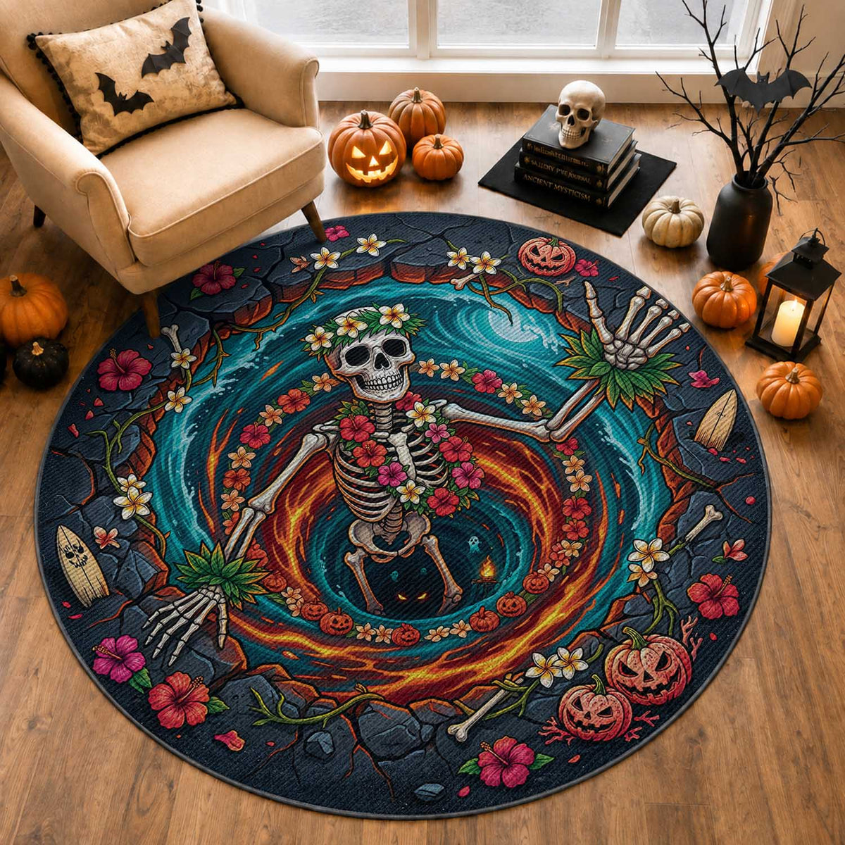3D Illusion Hawaii Hula Girl Skeleton Round Carpet