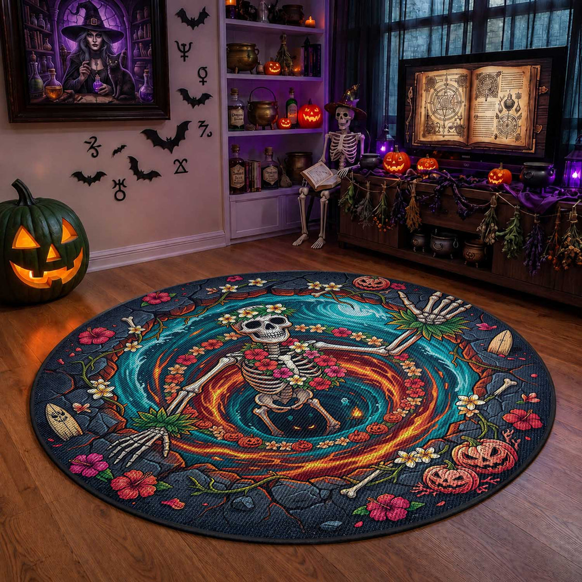 3D Illusion Hawaii Hula Girl Skeleton Round Carpet
