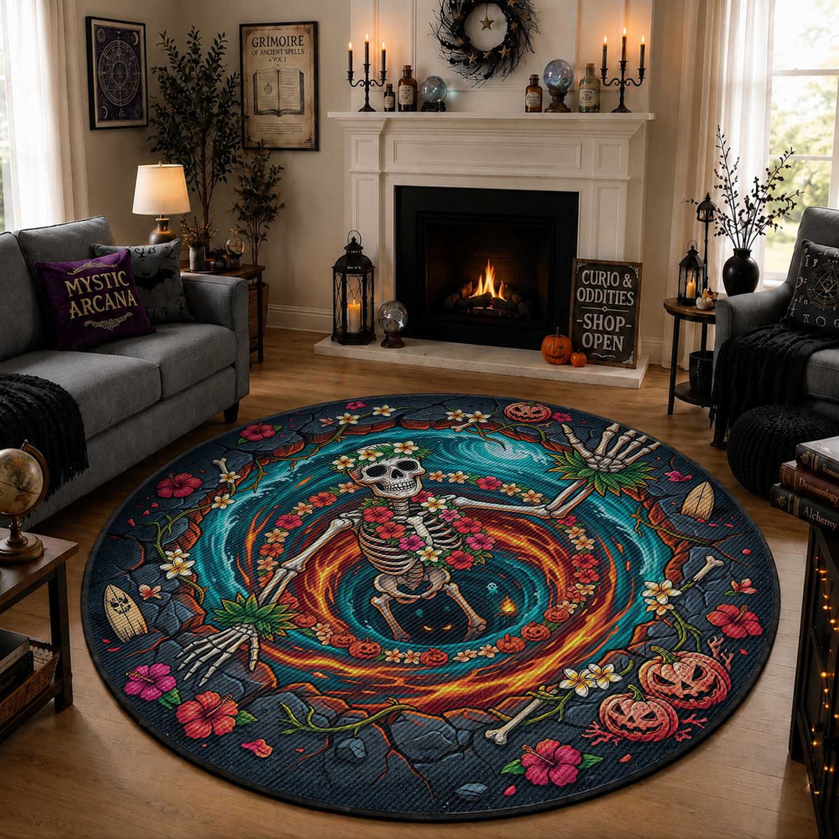 3D Illusion Hawaii Hula Girl Skeleton Round Carpet