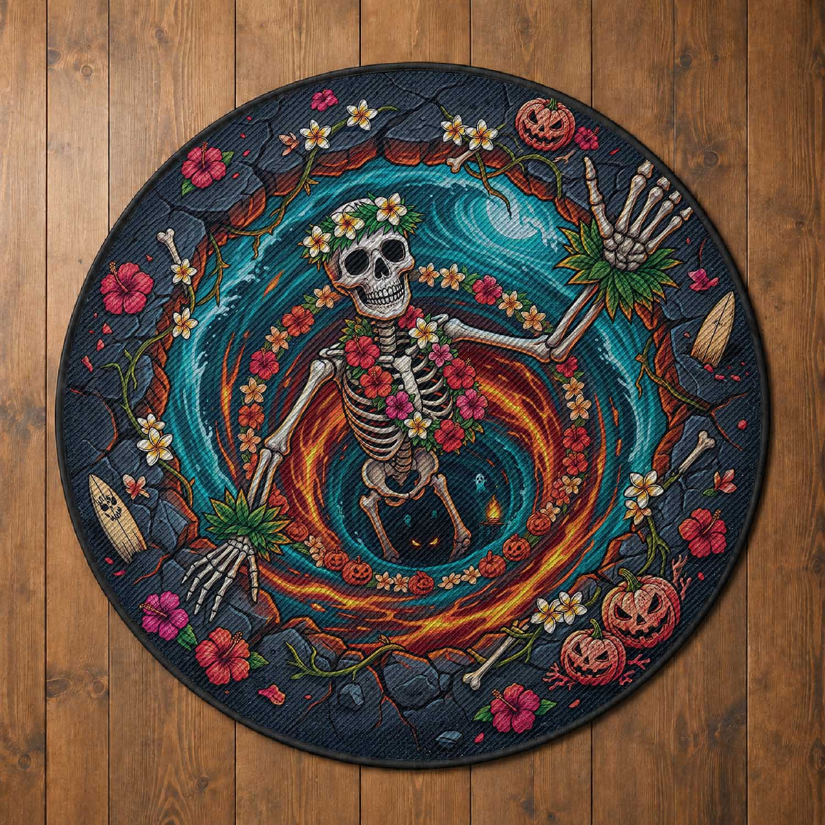 3D Illusion Hawaii Hula Girl Skeleton Round Carpet