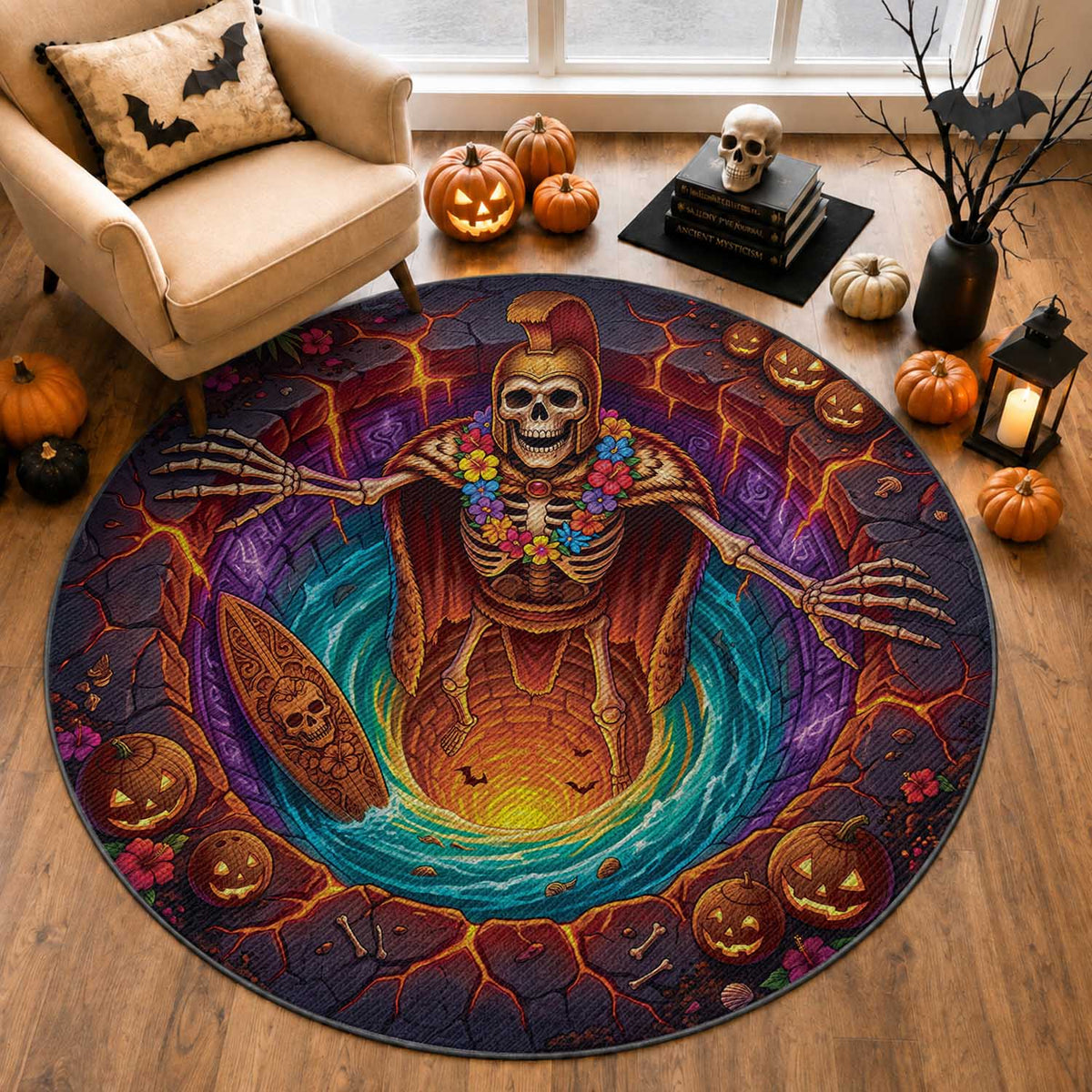 3D Illusion Hawaii King Skeleton Round Carpet