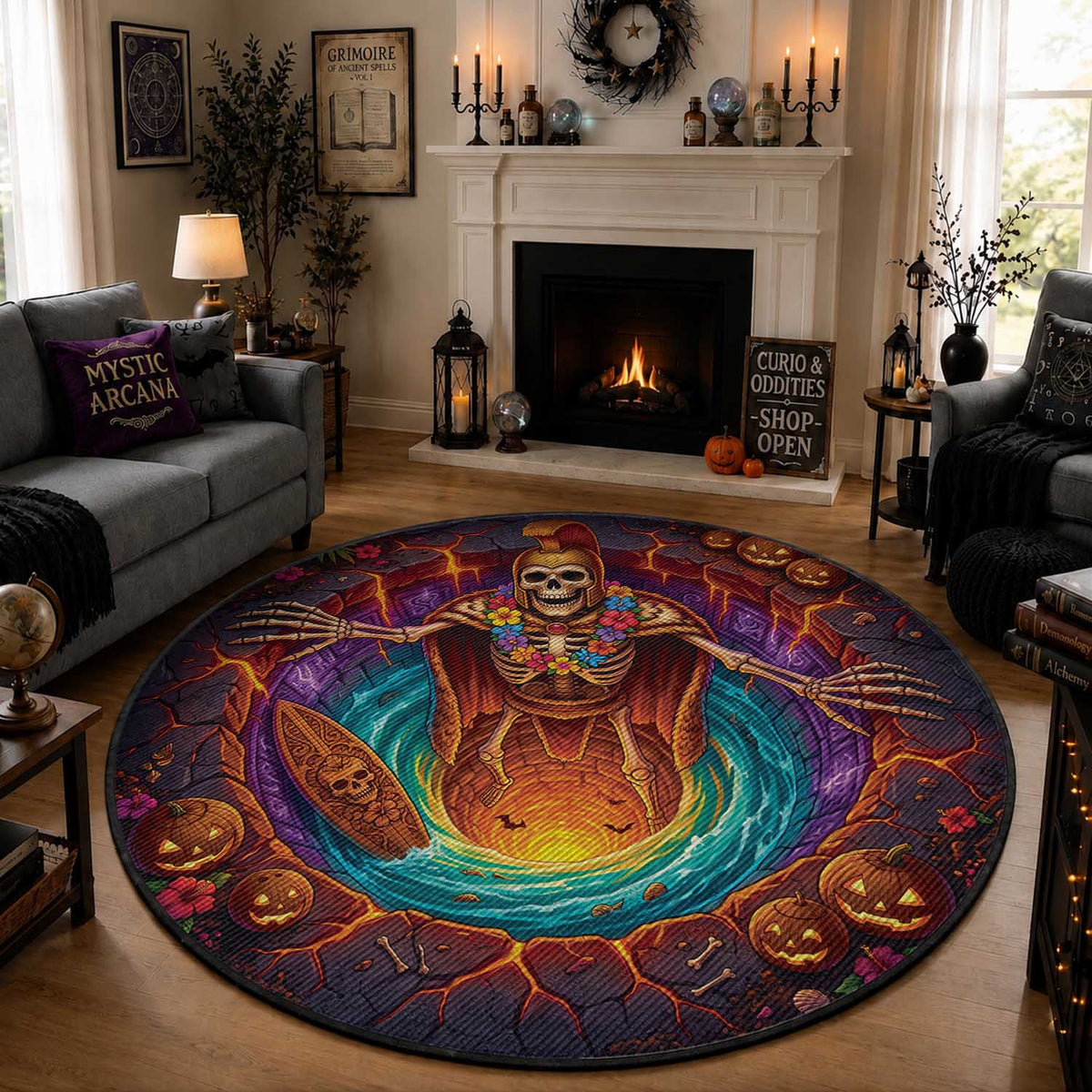 3D Illusion Hawaii King Skeleton Round Carpet