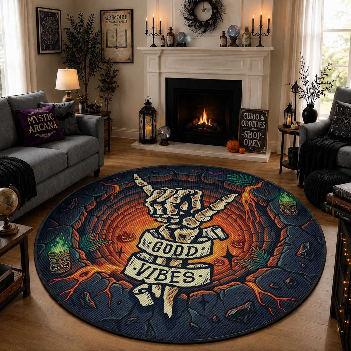 3D Illusion Hawaii Shaka Sign Skeleton Good Vibes Round Carpet