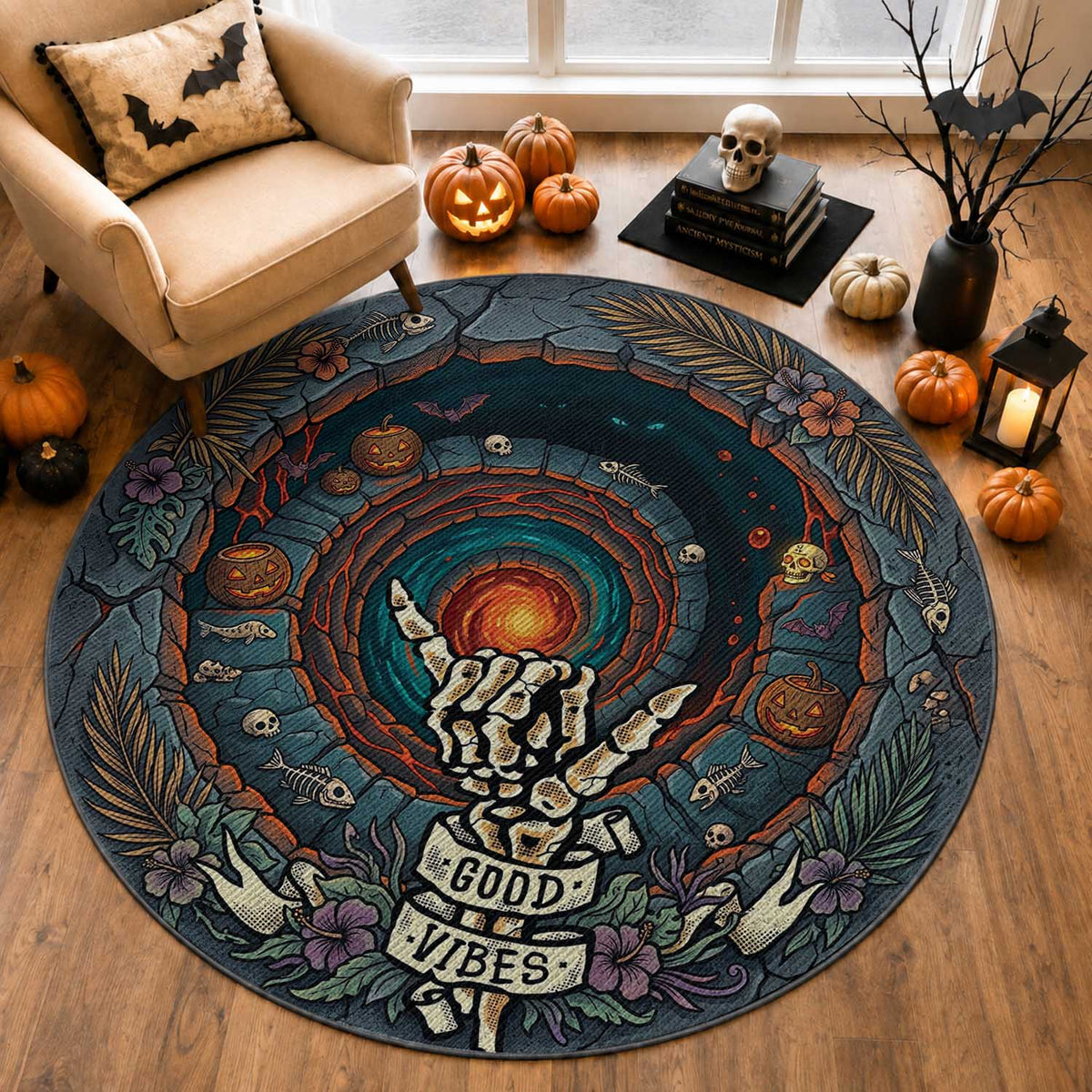 3D Illusion Hawaii Shaka Sign Skeleton Round Carpet