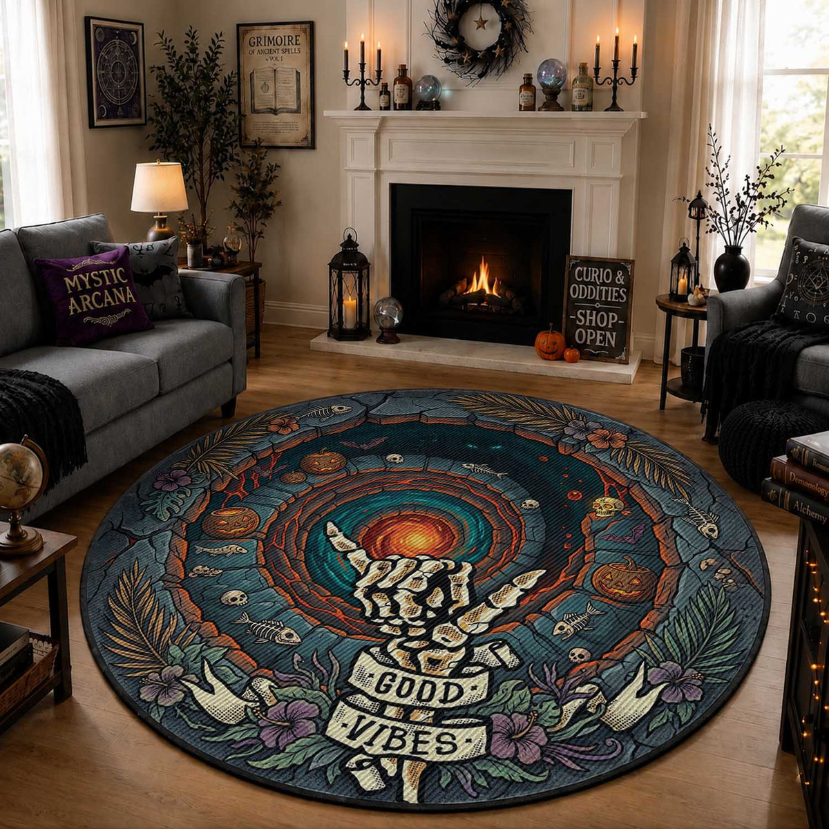 3D Illusion Hawaii Shaka Sign Skeleton Round Carpet