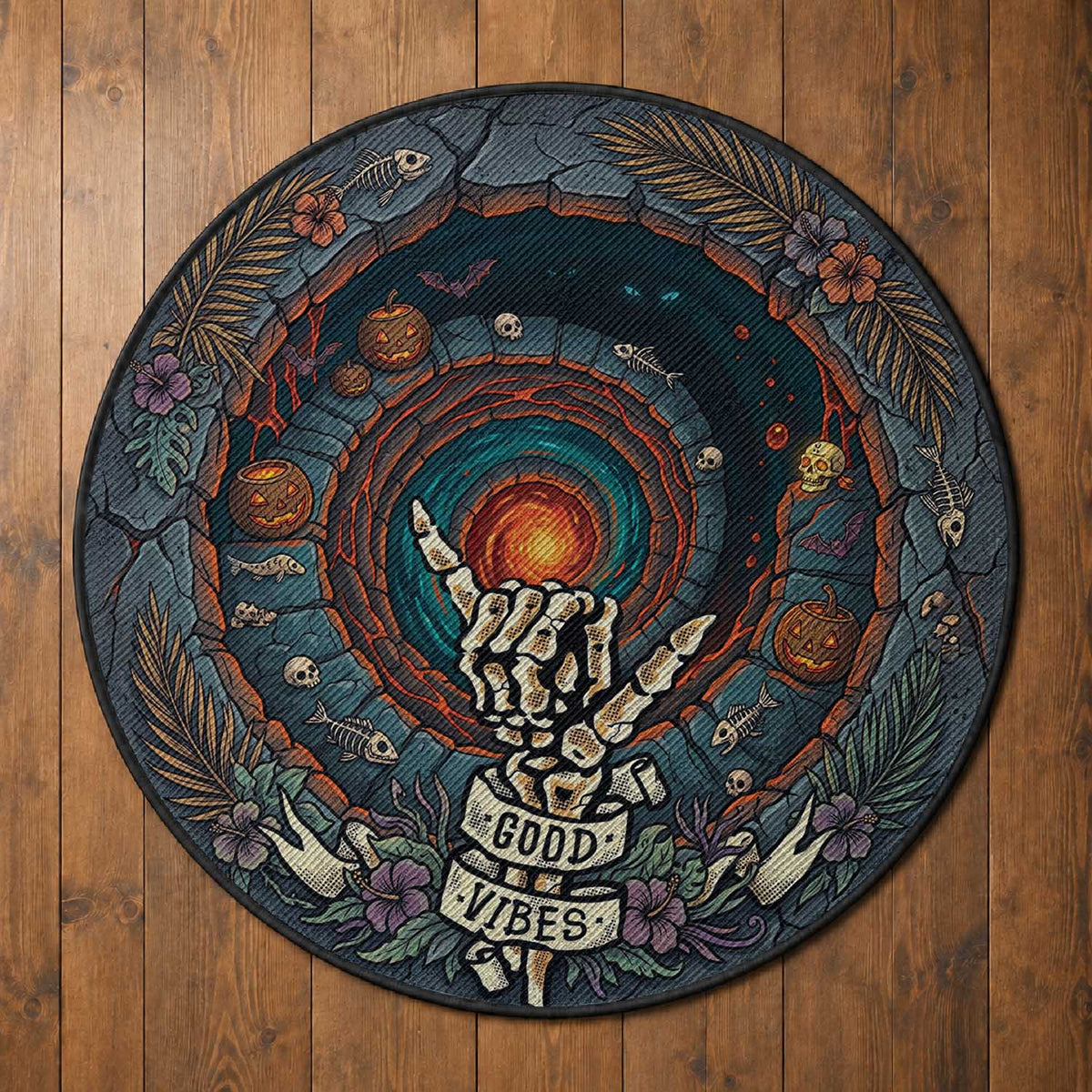 3D Illusion Hawaii Shaka Sign Skeleton Round Carpet