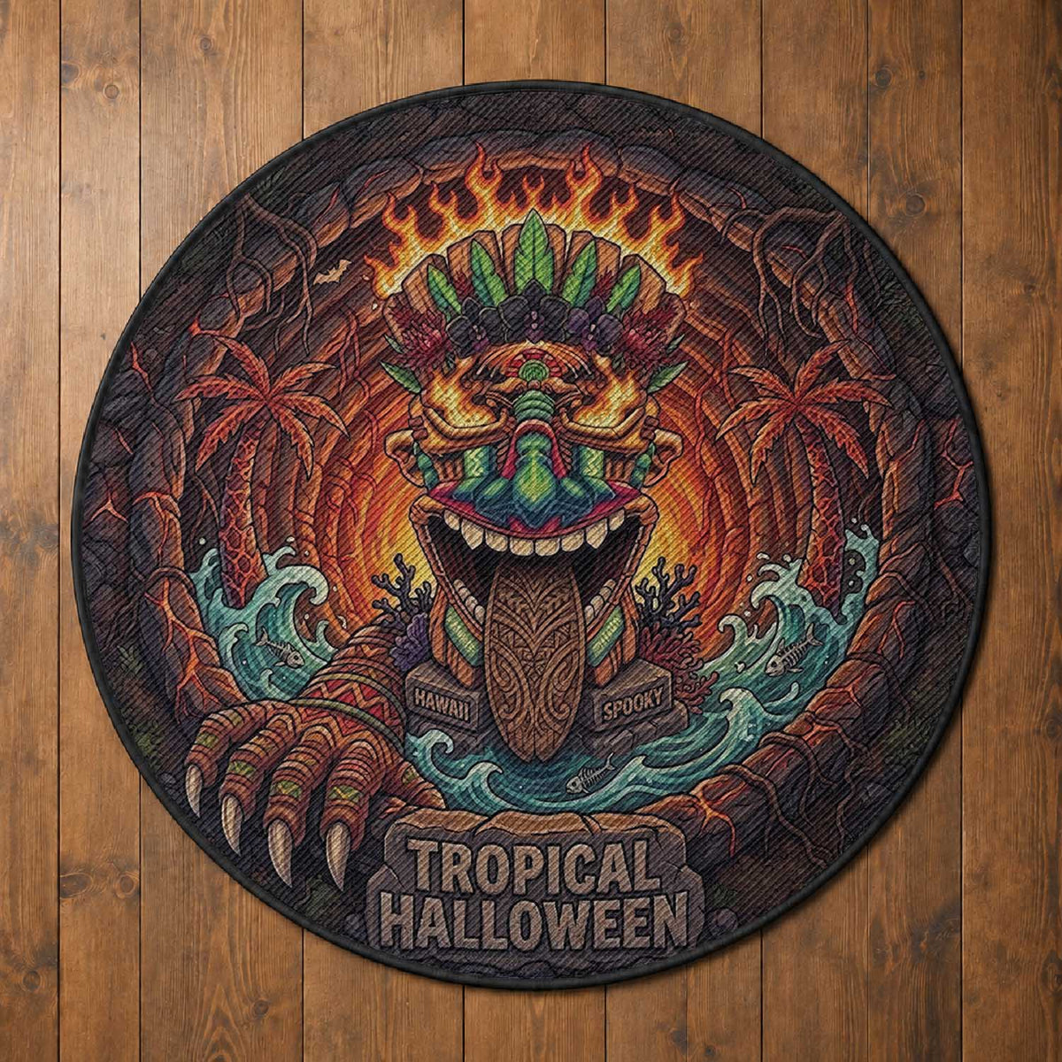 3D Illusion Hawaii Tiki Tropical Round Carpet