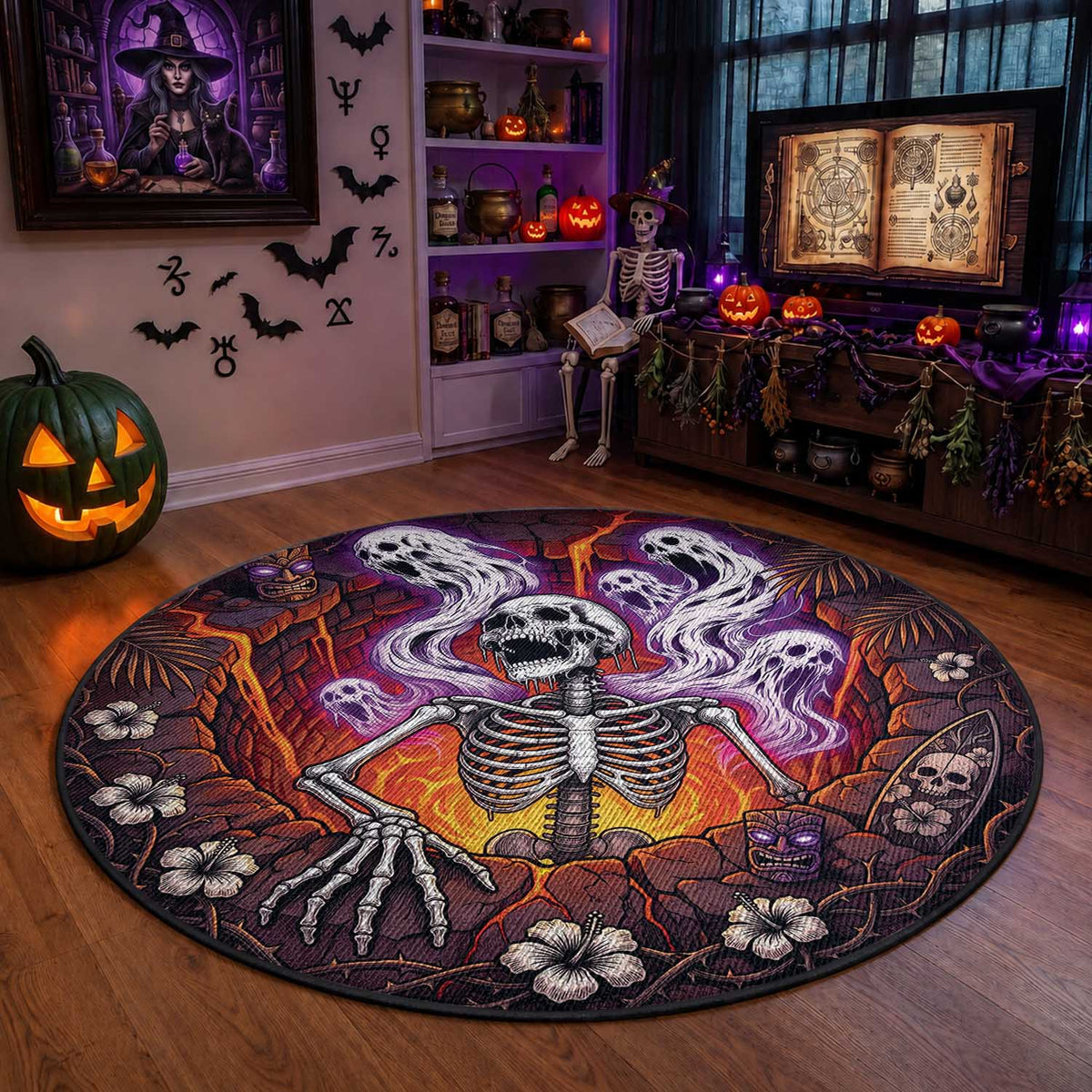 3D Illusion Hawaii Tropical Gothic Ghost Spirit Skeleton Round Carpet