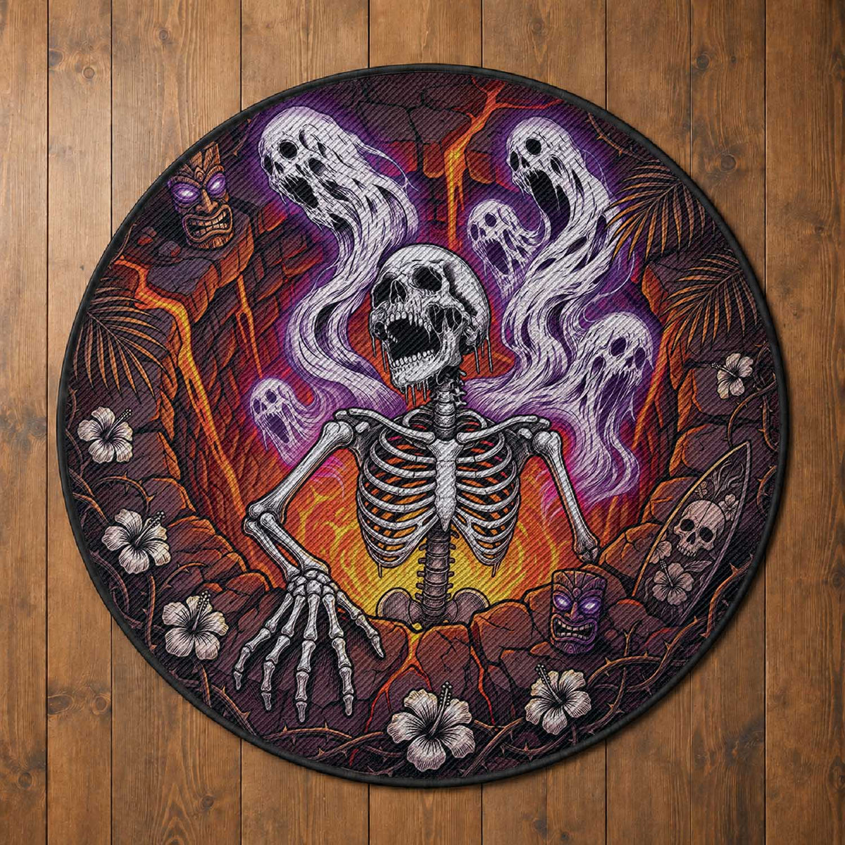 3D Illusion Hawaii Tropical Gothic Ghost Spirit Skeleton Round Carpet