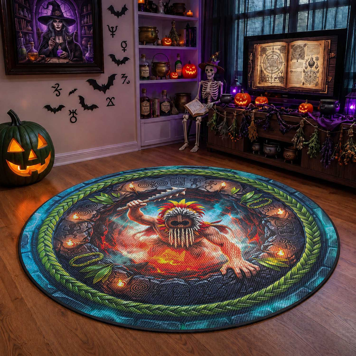 3D Illusion Nightmarchers Halloween Round Carpet Hawaiian Warrior Spirit Lava Portal