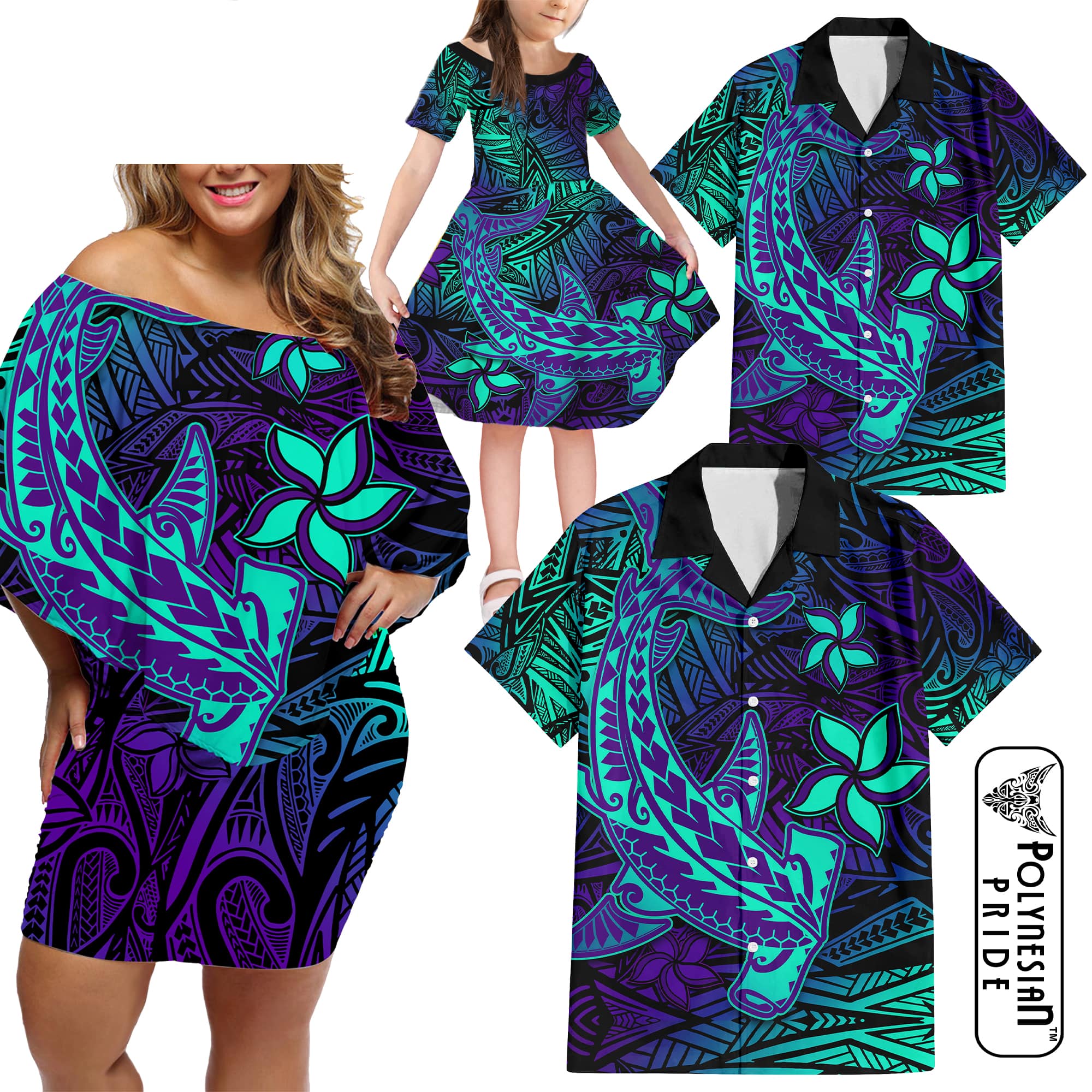 Purple Polynesian Family Matching Off Shoulder Short Dress and Hawaiian Shirt Tribal Hammerhead Shark LT14 - Polynesian Pride