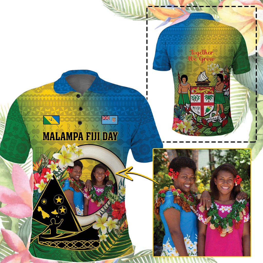 Custom Photo Malampa Fiji Day Polo Shirt Together We Grow Coat Of Arms Tropical Flowers CTM14