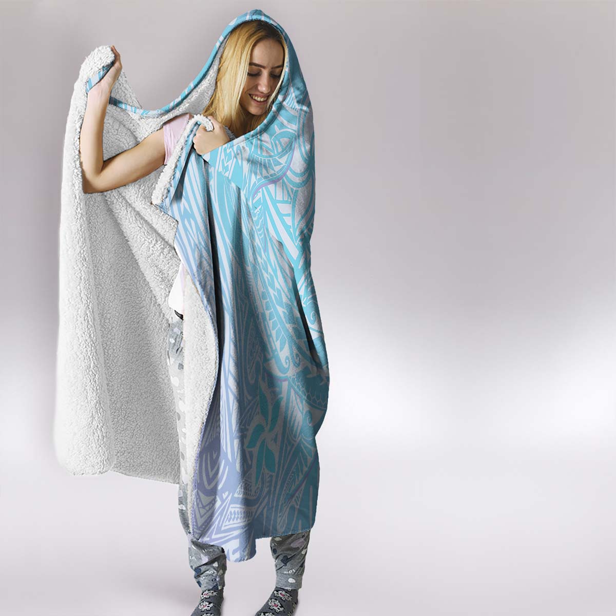 Baby Blue Gradient Polynesia Hooded Blanket Hawaiian Tribal Hammerhead Shark Tattoo LT14