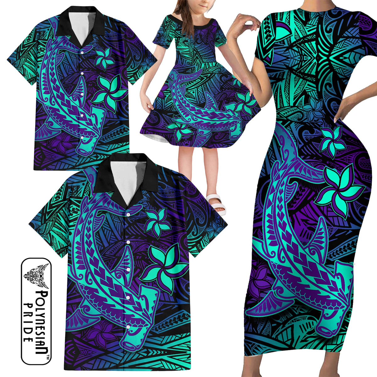Purple Polynesian Family Matching Short Sleeve Bodycon Dress and Hawaiian Shirt Tribal Hammerhead Shark LT14 - Polynesian Pride