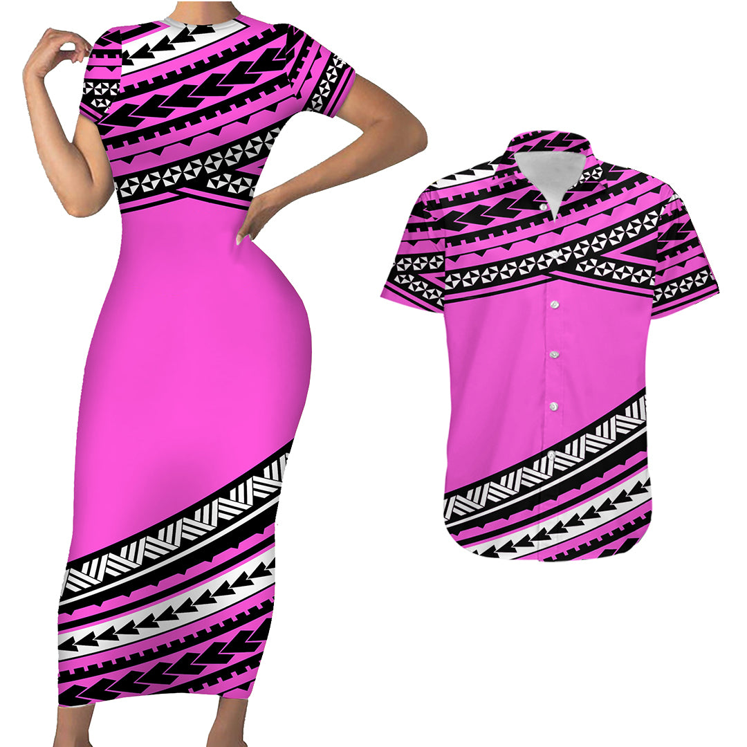 Polynesian Couples Matching Outfits Combo Bodycon Dress And Hawaii Shirt Simple Pink LT6 - Polynesian Pride