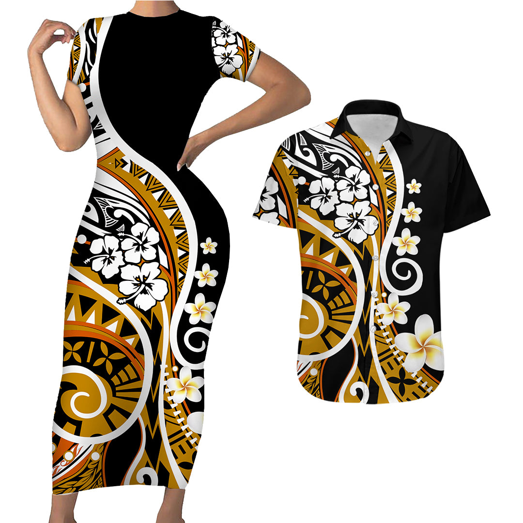 Plumeria Polynesian Couples Matching Outfits Combo Bodycon Dress And Hawaii Shirt Trending Gold LT6 - Polynesian Pride