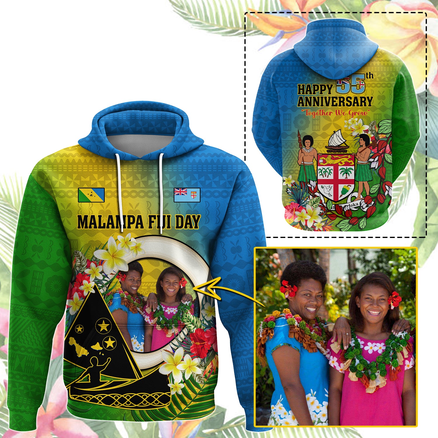 Custom Photo Malampa Fiji Day Hoodie Together We Grow Coat Of Arms Tropical Flowers CTM14