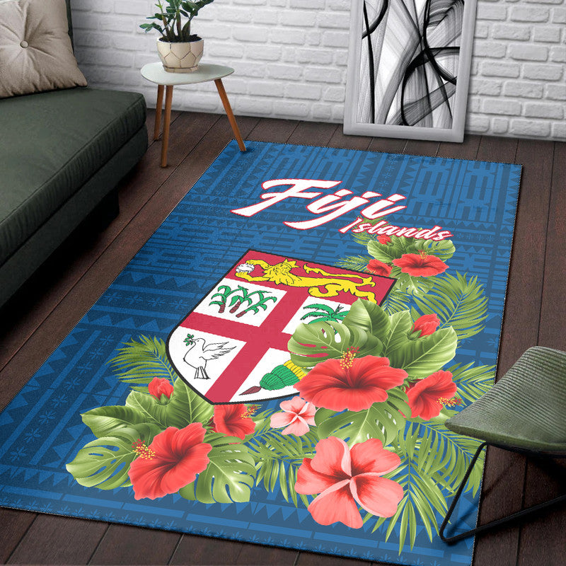 Fiji Islands Area Rug Tropical Flowers and Tapa Pattern LT9 Blue - Polynesian Pride