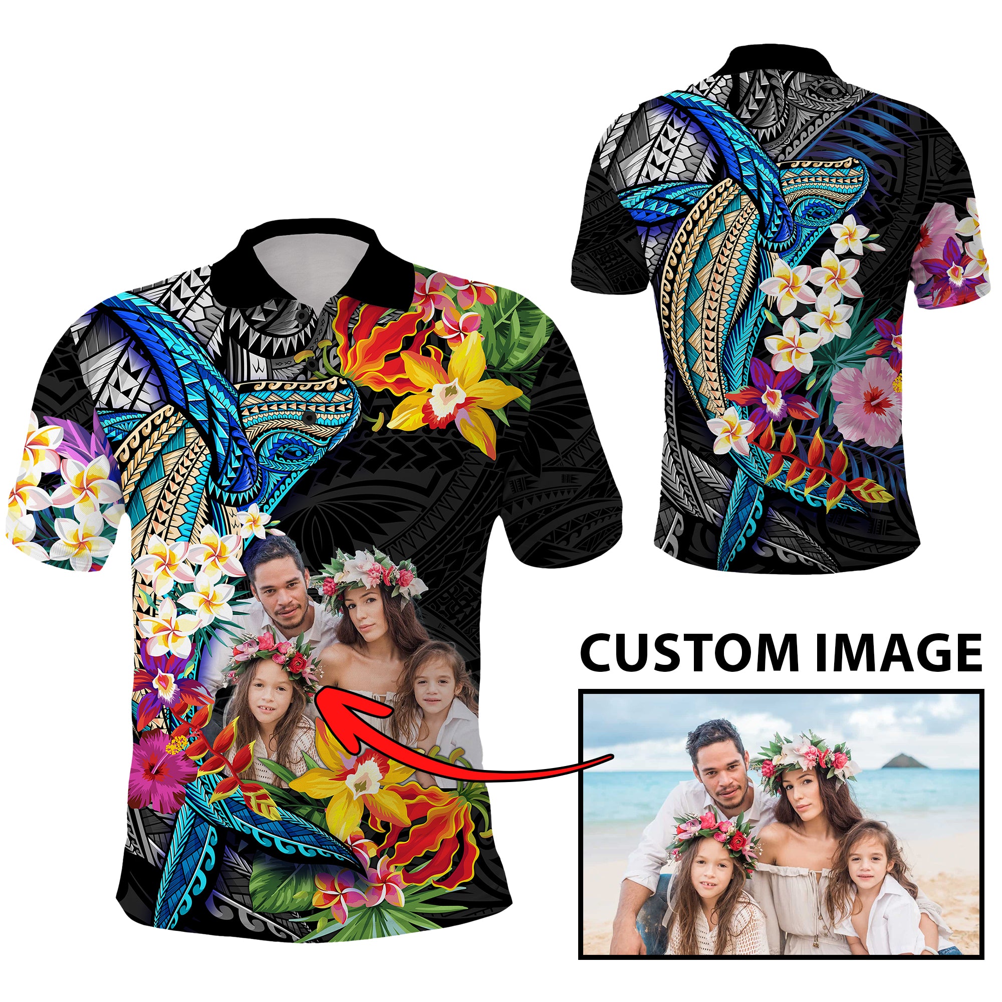 Custom Photo Polynesian Shark Tattoo Polo Shirt Beauty Pacific Flowers CTM09 Reggae - Polynesian Pride