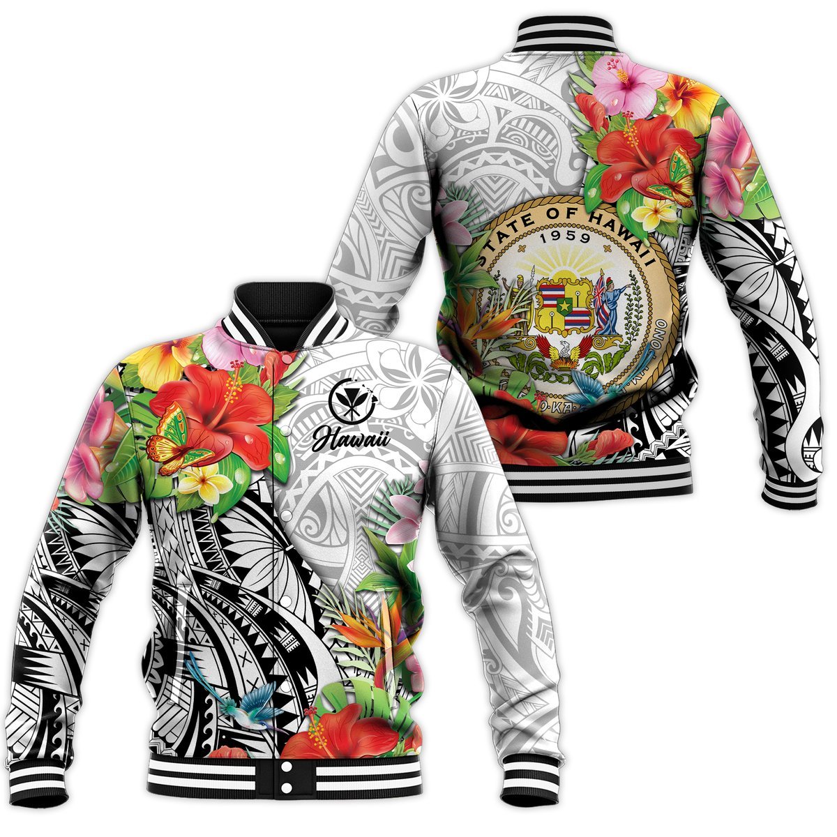Hawaii Hibiscus Kanaka Polynesia Baseball Jacket - LT2 Unisex WHITE - Polynesian Pride