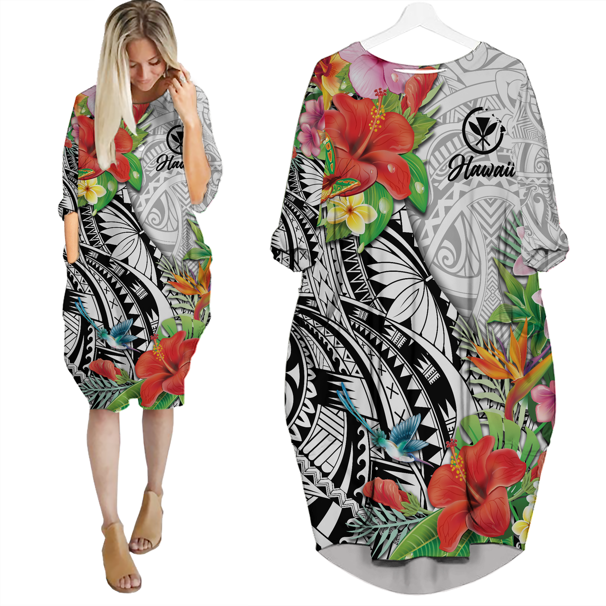 Hawaii Hibiscus Kanaka Polynesia Batwing Pocket Dress - LT2 Women WHITE - Polynesian Pride