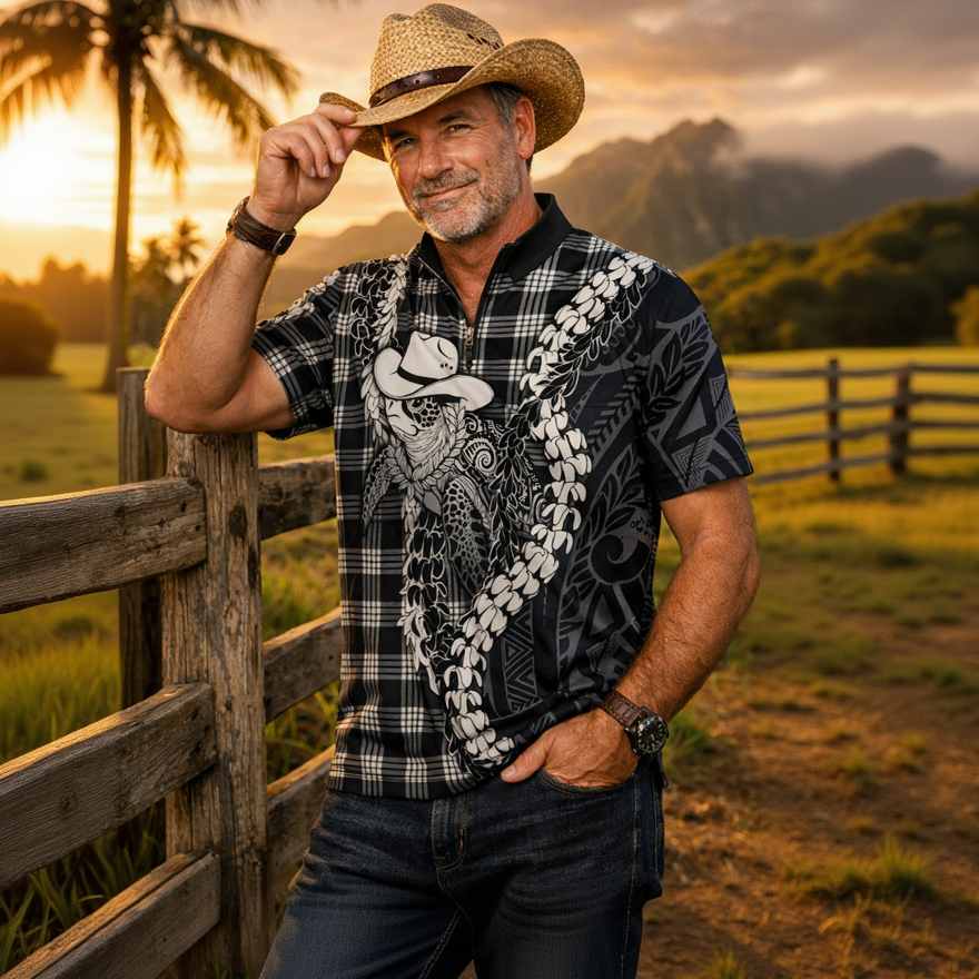 Black Hawaii Palaka Cowboy Turtle Zipper Polo Shirt Hawaiian Paniolo Puakenikeni Maile Lei DT05