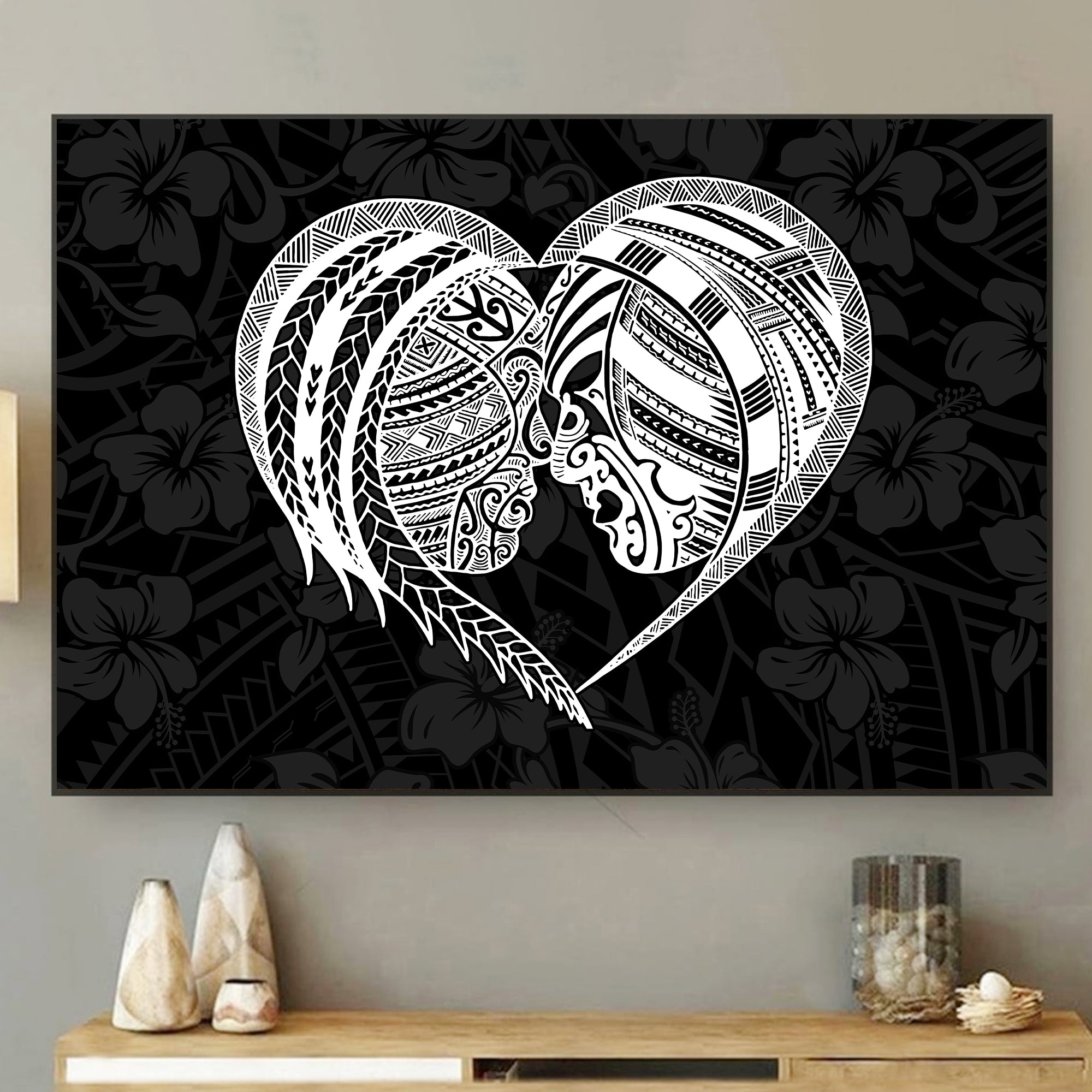 Polynesian Tribal Heart Tattoo Canvas Wall Art Black Version LT9 - Polynesian Pride