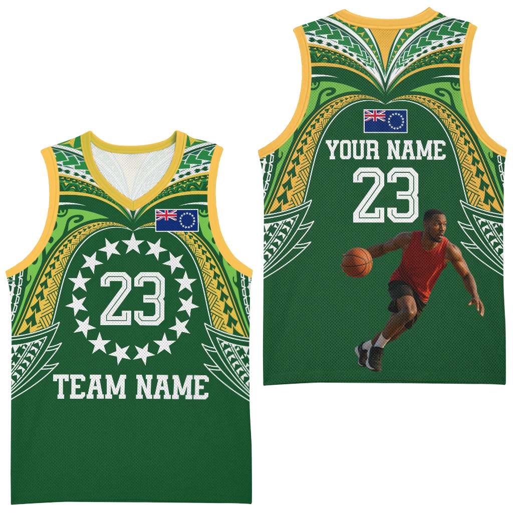 Custom Photo Cook Islands Basketball Jersey Tatau Tribal Motifs Green Color CTM03 - Polynesian Pride
