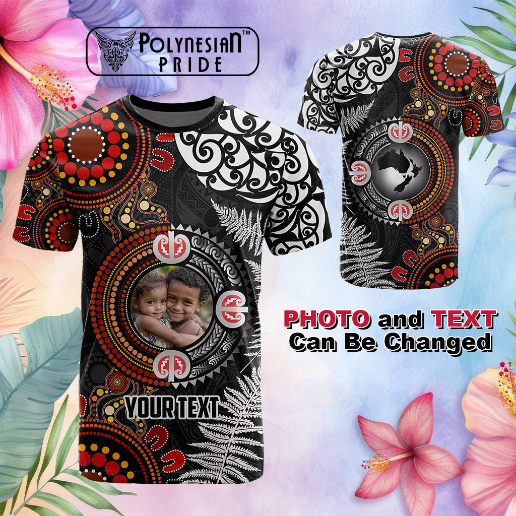 Custom Photo Australia and New Zealand Together T Shirt Aboriginal and Maori Art Tattoo CTM03 Multicolor - Polynesian Pride