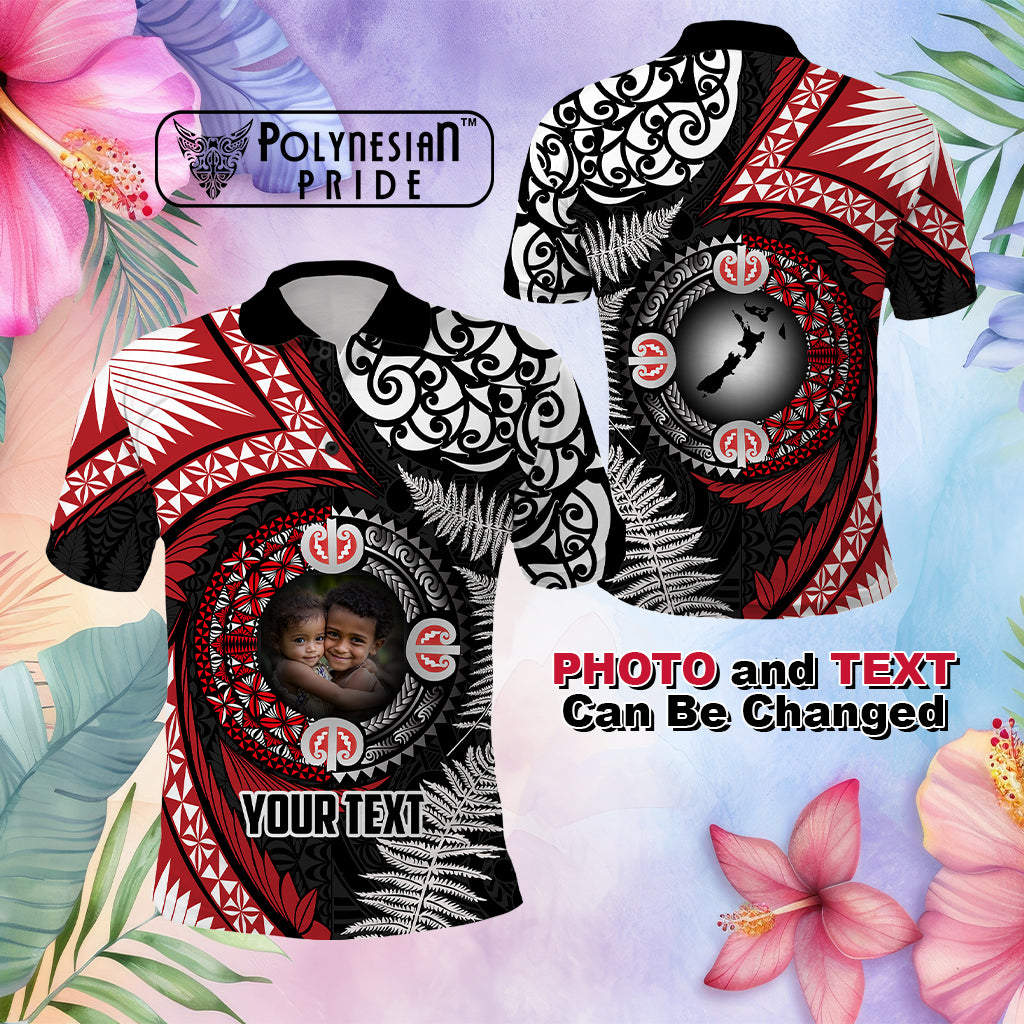 Custom Photo Tonga and New Zealand Together Polo Shirt Ngatu Art Tribal Maori Tattoo and Silver Fern