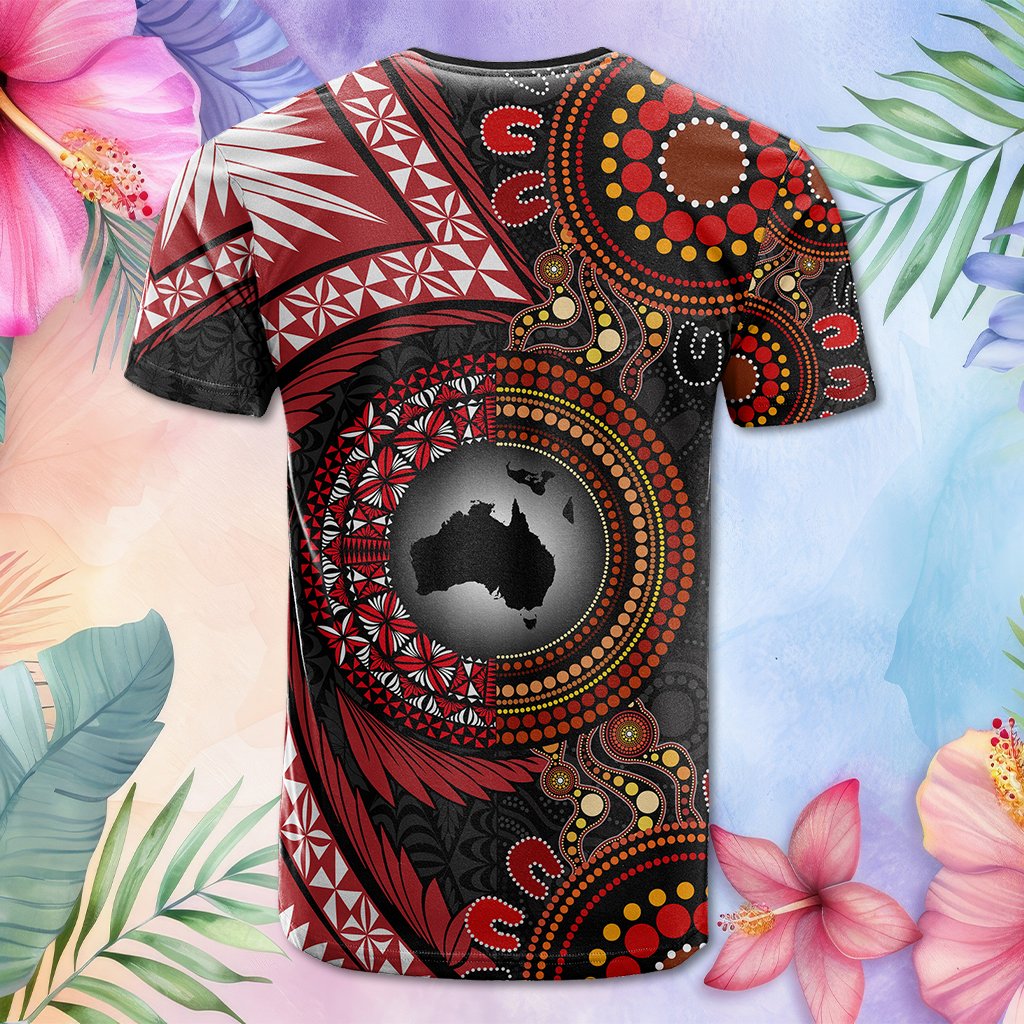 Custom Photo Tonga and Australia Together T Shirt Ngatu Art Tribal Aboriginal Tattoo Pattern
