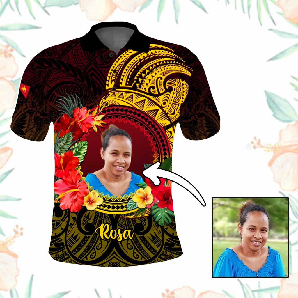 Custom Photo Papua New Guinea Polo Shirt Coat Of Arms Tropical Flowers Polynesian Pattern CTM05
