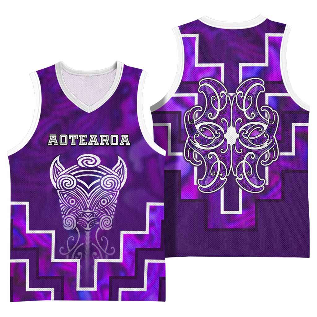 Custom New Zealand Aotearoa Iwi Basketball Jersey Maori Tiki With Poutama Motifs CTM05 - Polynesian Pride