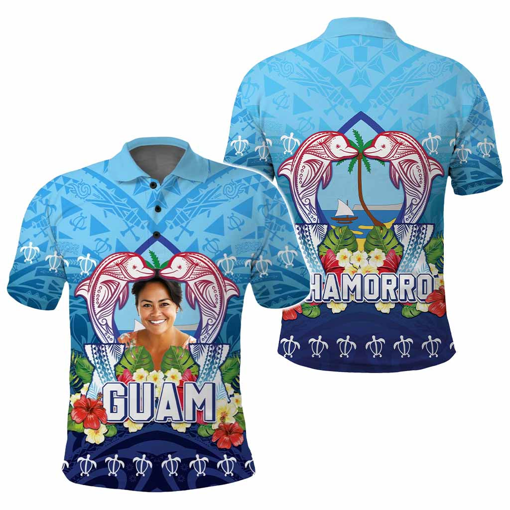Custom Photo Guam Chamorro Polo Shirt Tribal Latte Stone With Dolphins