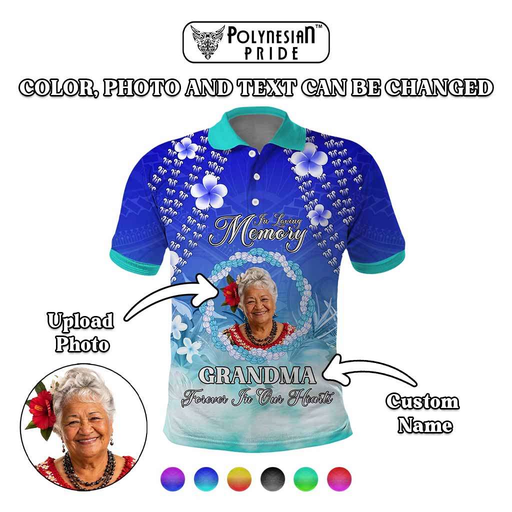 Custom Photo In Loving Memory Memorial Polo Shirt Hawaiian Lei With Plumeria CTM05 - Polynesian Pride