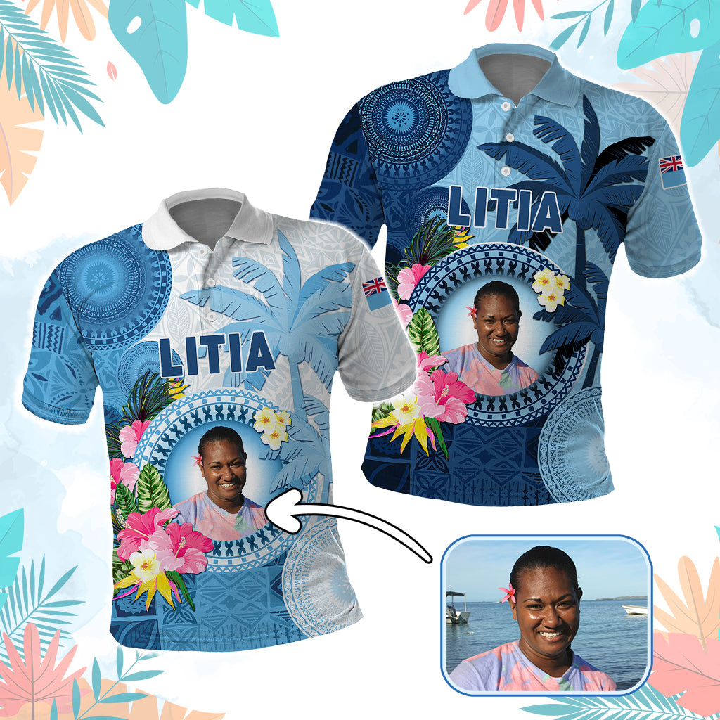 Custom Photo Fiji Polo Shirt Polynesian Palm Tree Fijian Tapa Pattern - Polynesian Pride