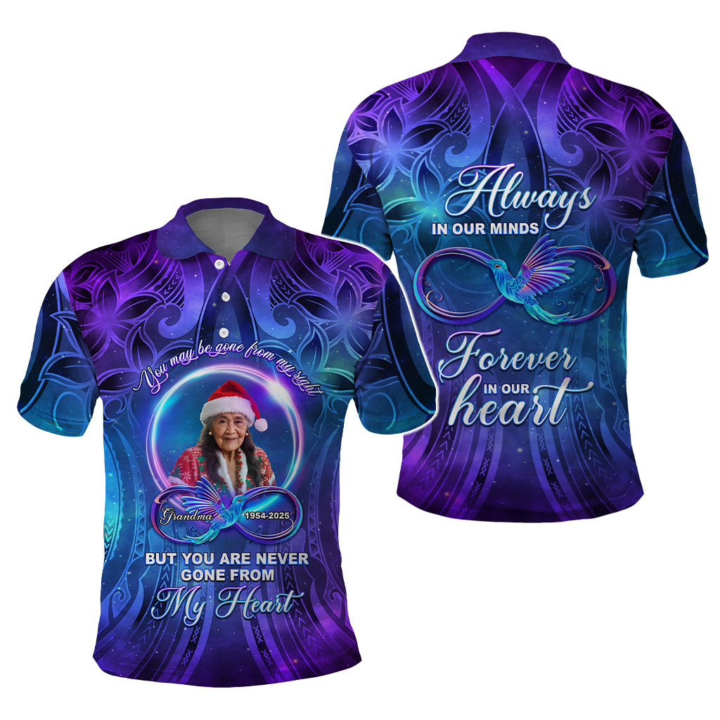 Custom Photo Memorial Polo Shirt You Are Never Gone From My Heart Polynesian Tribal Pattern
