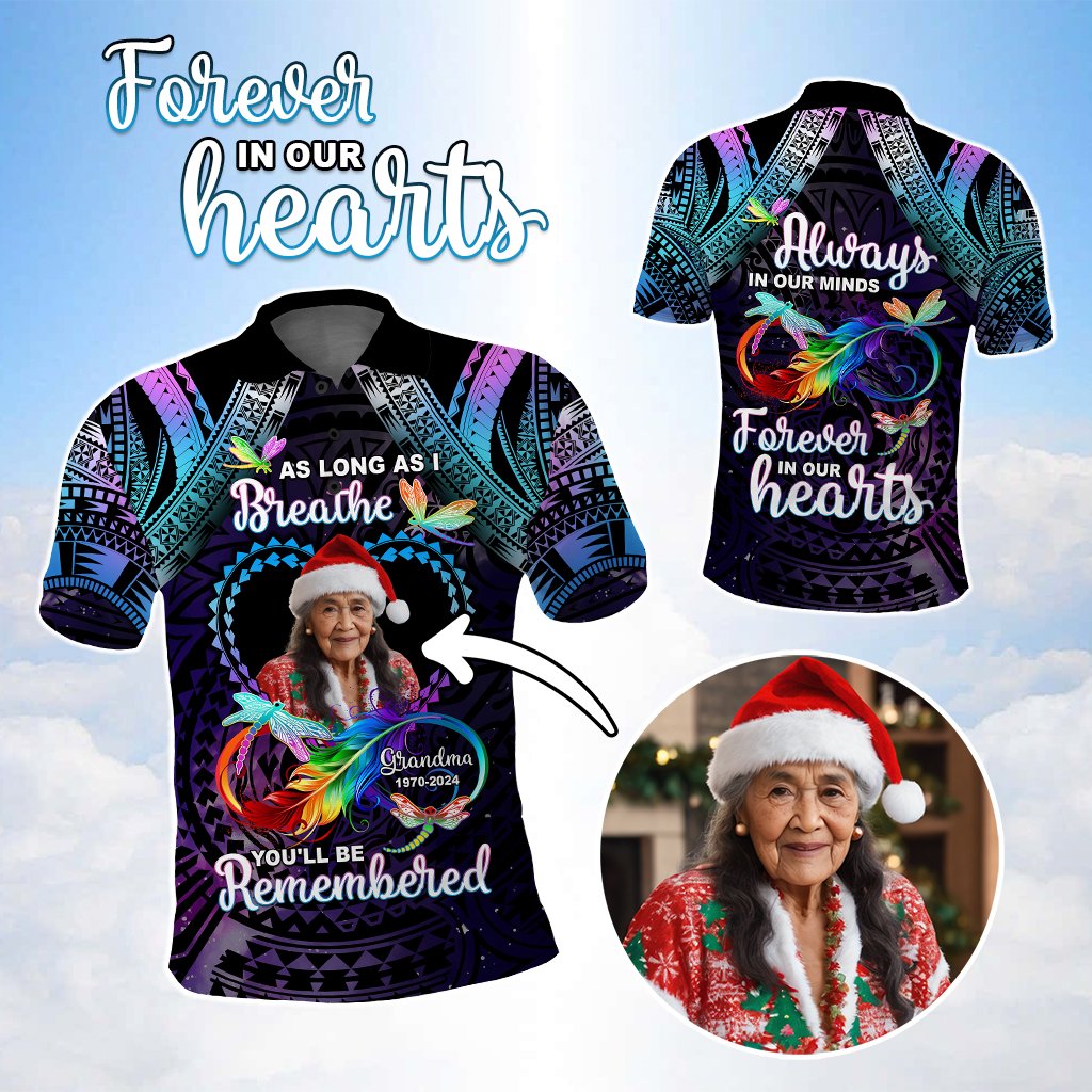 Custom Photo Memorial Polo Shirt As Long As I Breathe You'll Be Remembered Polynesian Style CTM05 Galaxy - tartan-scottish