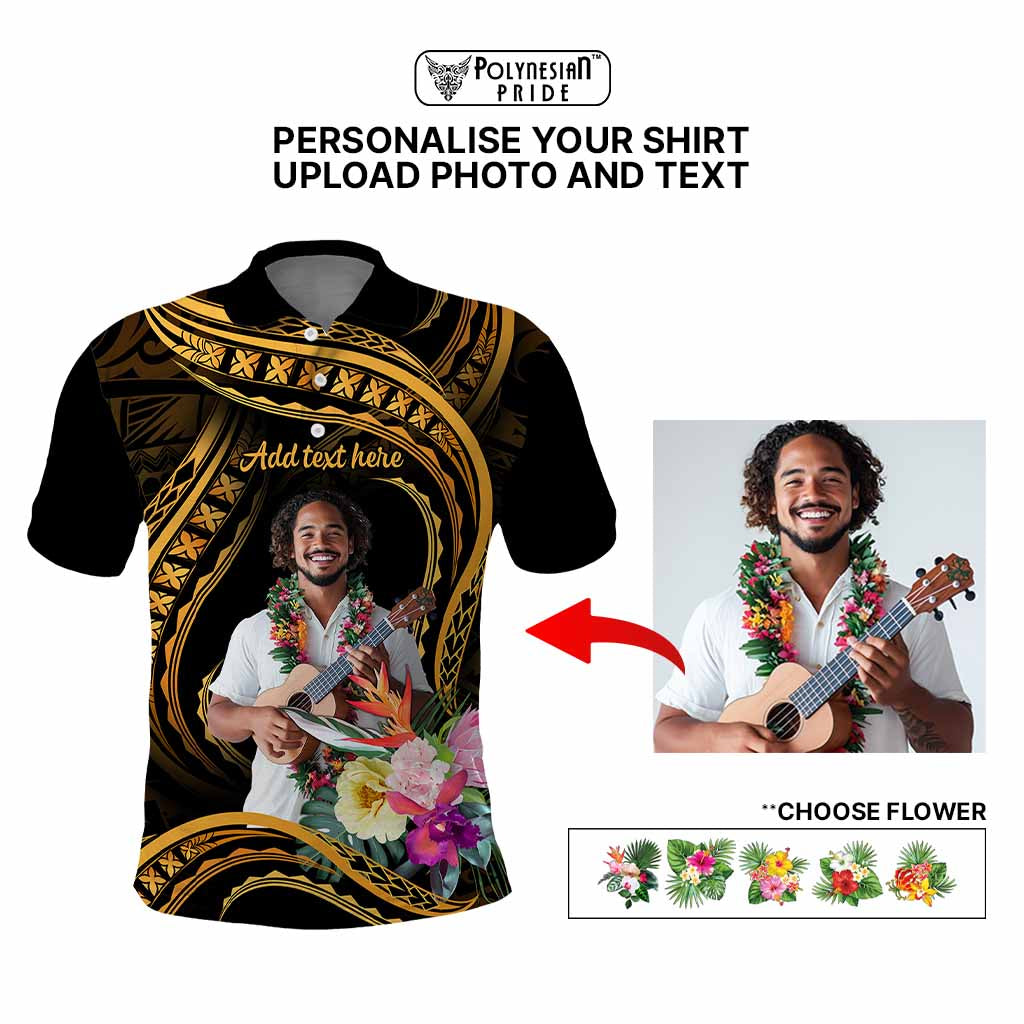 Custom Photo Pacific Tribal Tattoo Polo Shirt with Flowers Bouquet