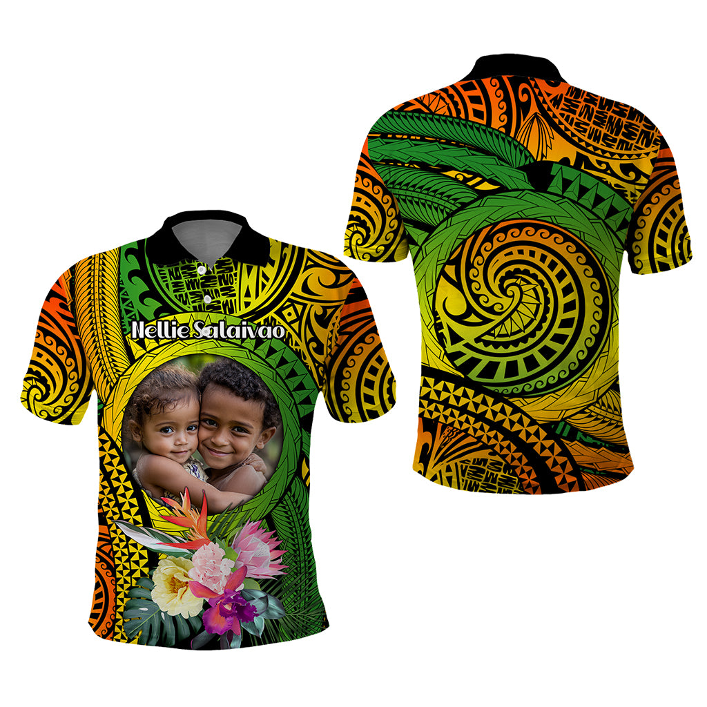 Custom Photo Polynesian Tribal Polo Shirt with Tropical Flower