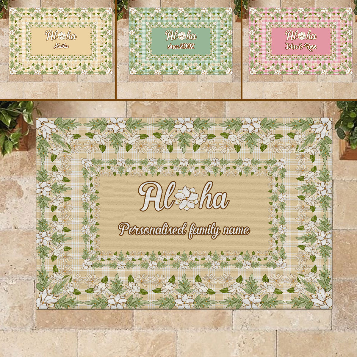 Custom Aloha Welcome Rubber Doormat with Family Name Squares Maile Leaf Palaka Hawaiian Pattern