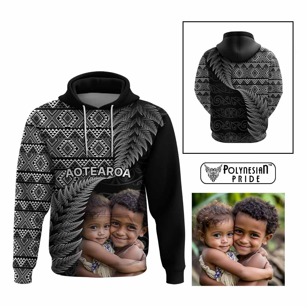 Custom Upload Image Aotearoa Silver Fern Hoodie Black Taniko Motif