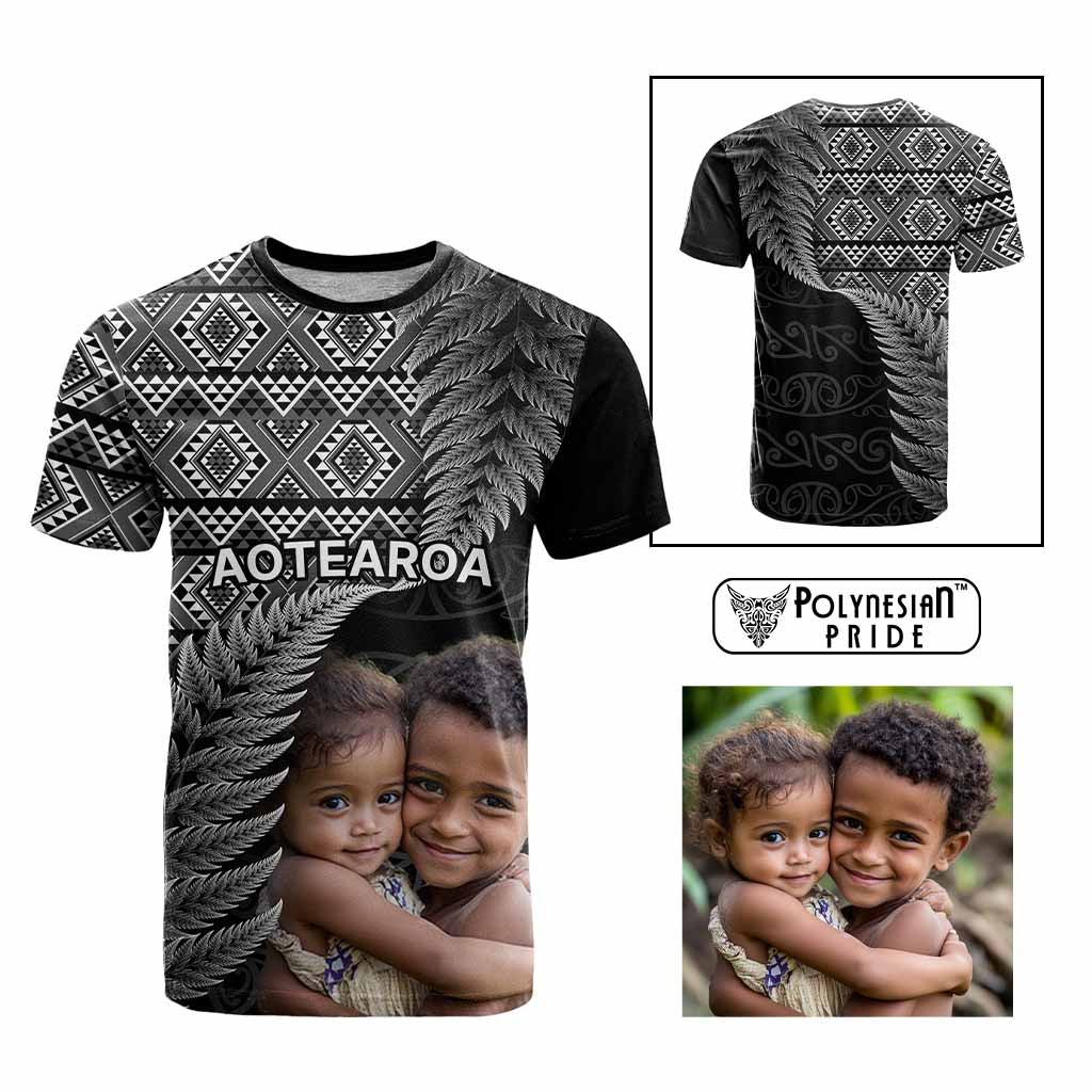 Custom Upload Image Aotearoa Silver Fern T Shirt Black Taniko Motif