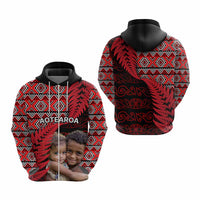 Custom Upload Image Aotearoa Silver Fern Hoodie Red Taniko Motif