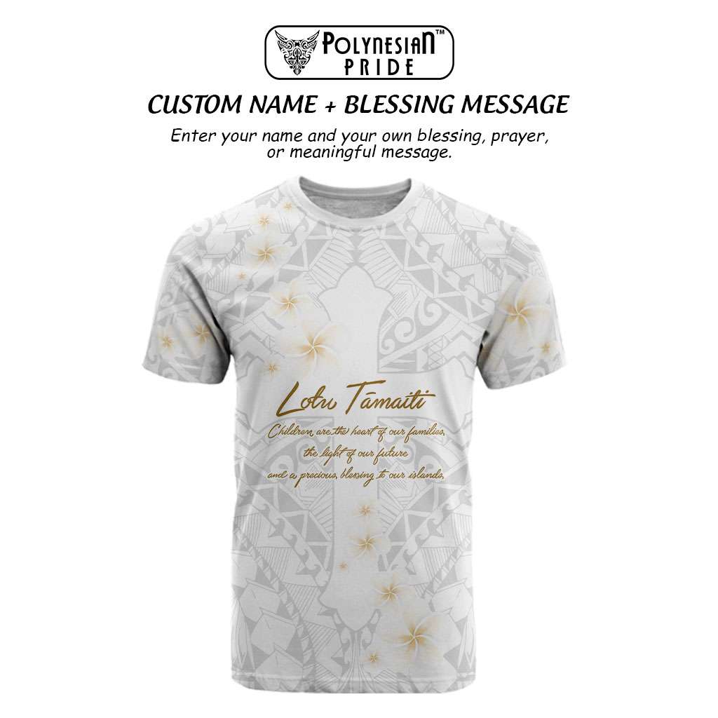 Christian Cross Floral Personalized Text T shirt Polynesian Plumeria Tribal Motif