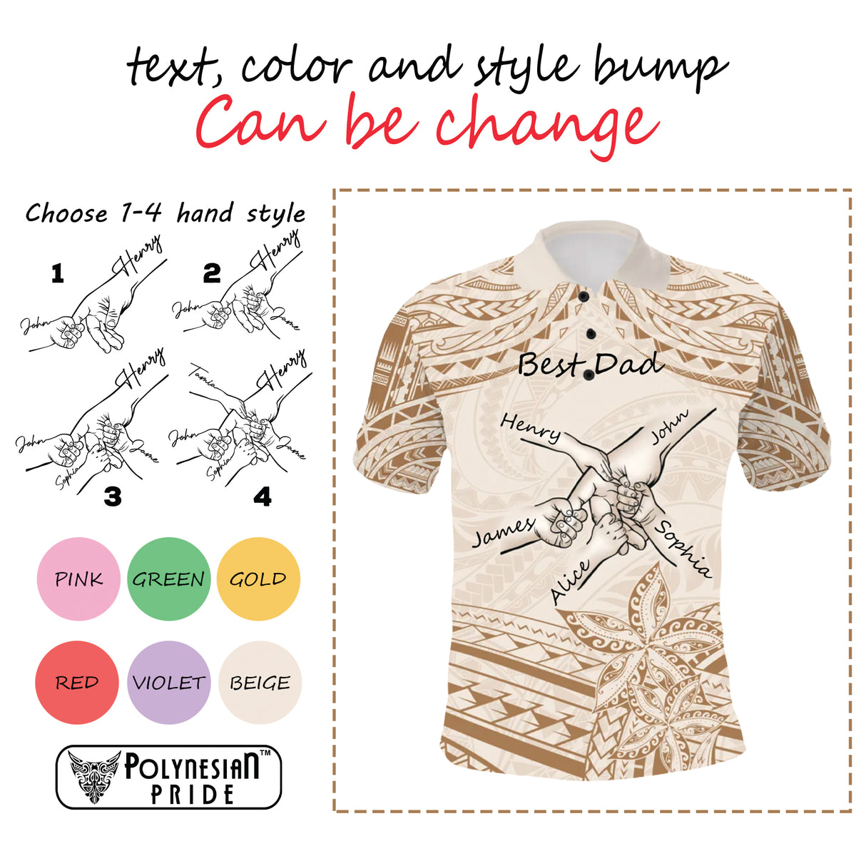 Custom Father's Day Fist Bump Dad and Baby Hands Holding Polo Shirt - Plumeria Floral Tribal Tattoo Unique