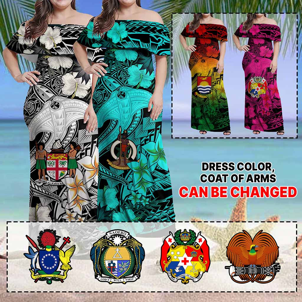 Custom Hawaii Tropical Off Shoulder Maxi Dress Hammerhead Shark and Coat of Arm Polynesian Island